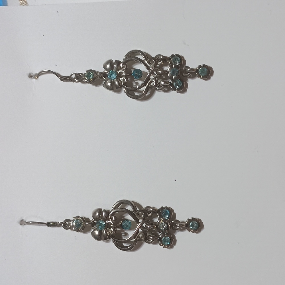 Chandelier Double Heart Silver and Blue Dangle Earrings